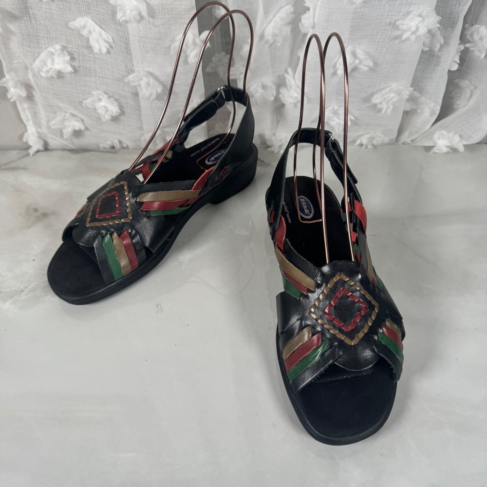 Vintage‎ Dr. Scholl's Huaraches Mexican Sandals Woven Black Leather Boho 7.5 W